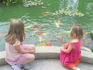 girls feeding pond fish